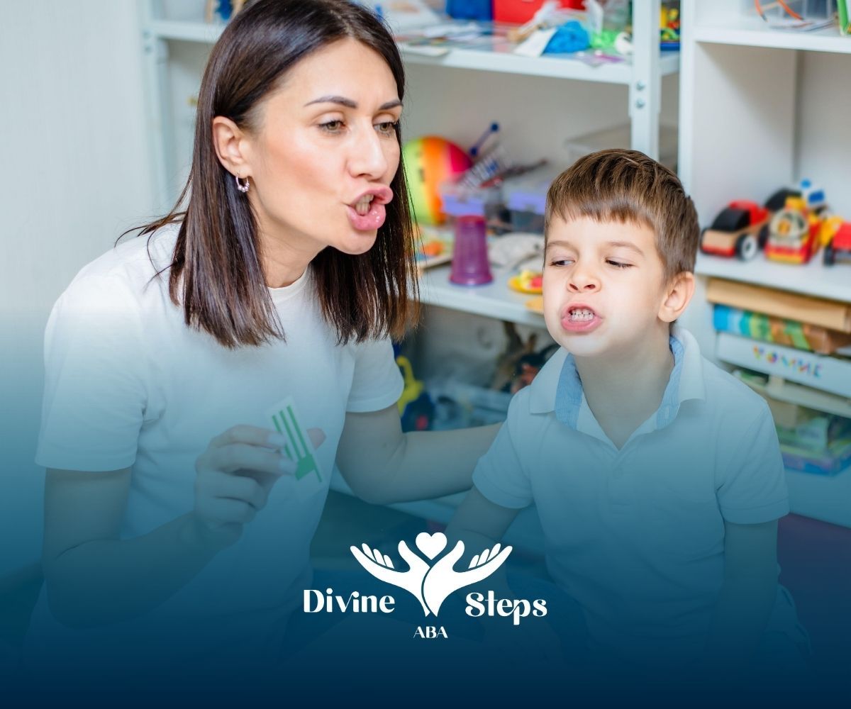 Woman and child practicing speech therapy, holding items, indoors.