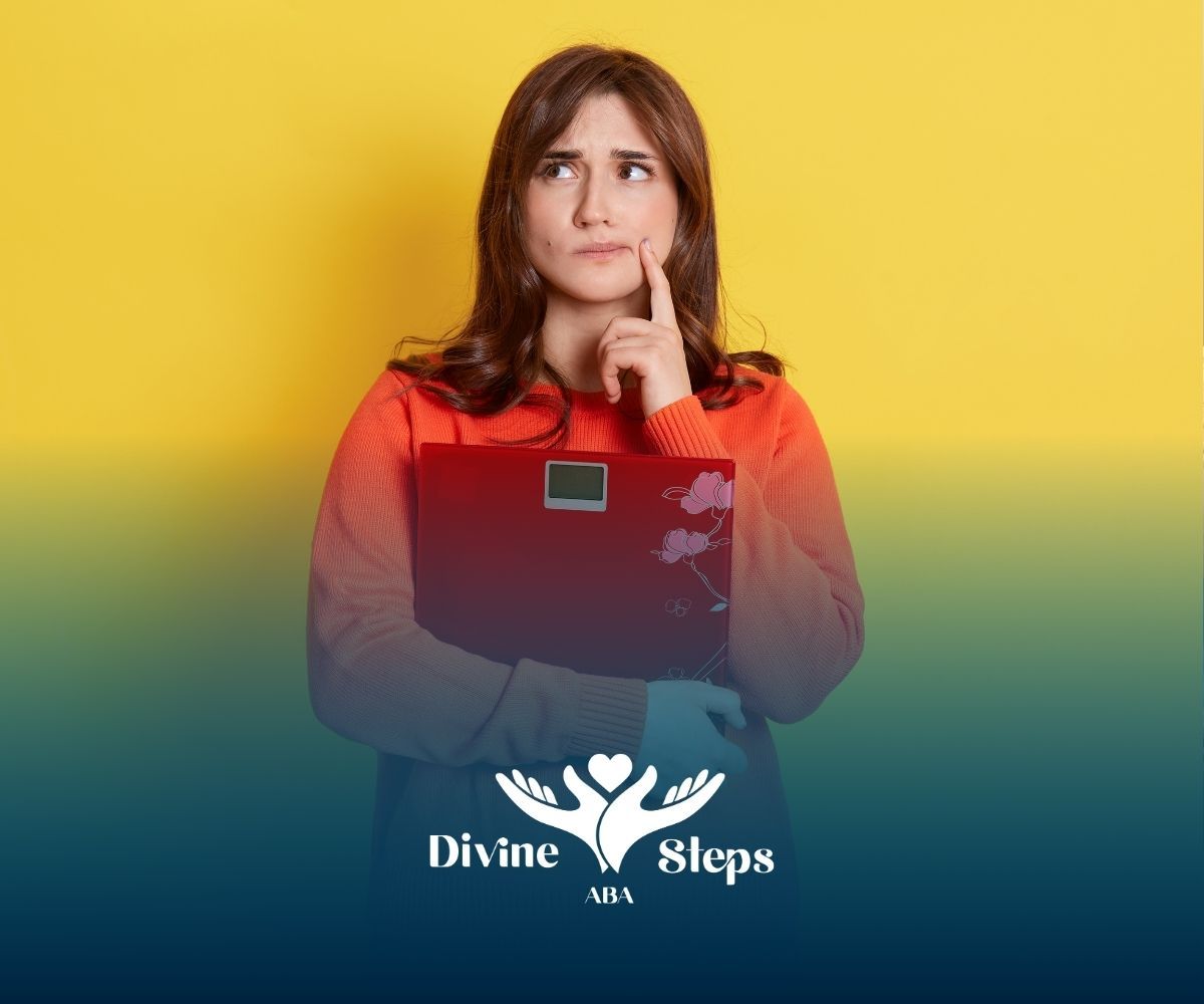 A woman is holding a scale and thinking about her weight.
