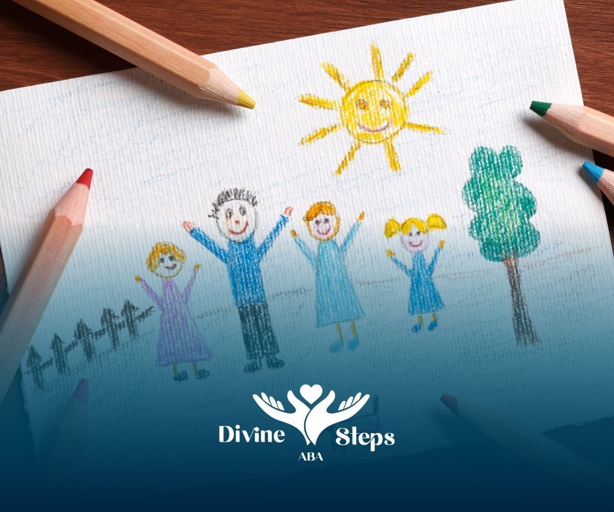 Child's drawing of a family under a smiling sun with colored pencils on white paper.