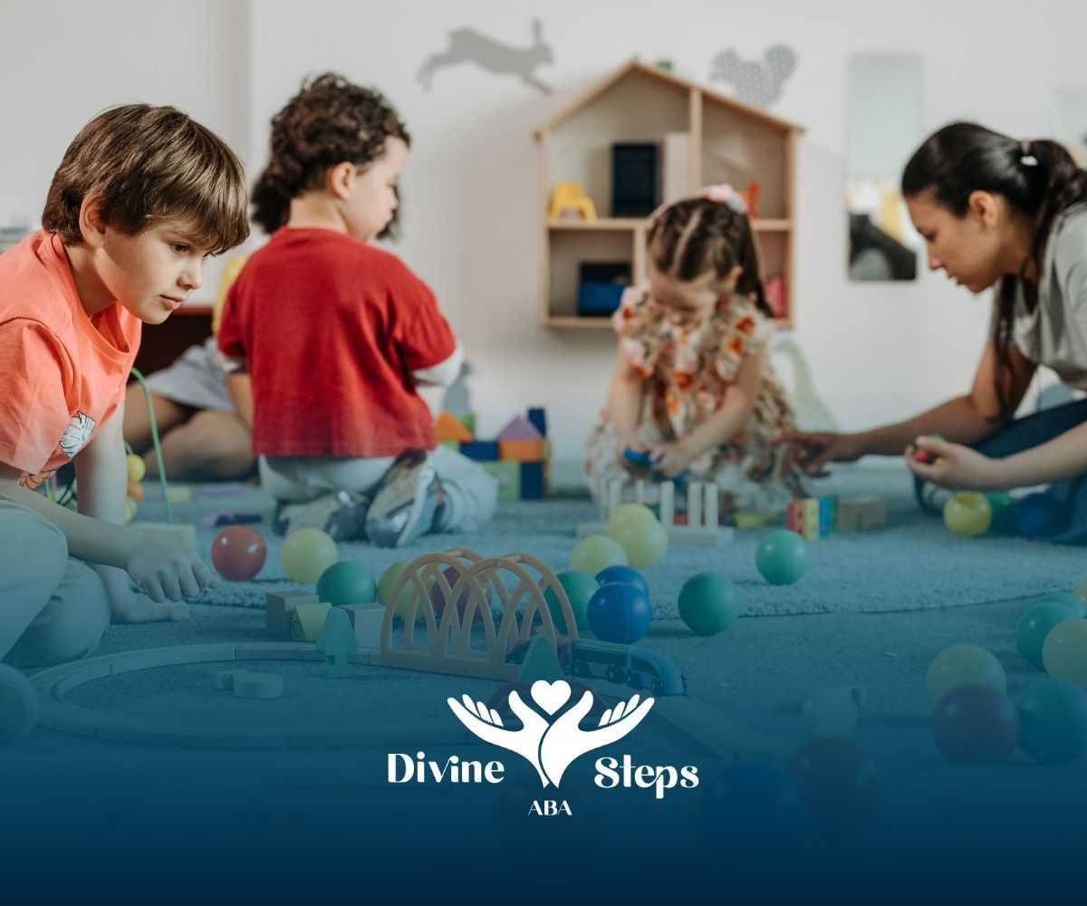 Children and a caregiver playing with toys in a brightly lit room.