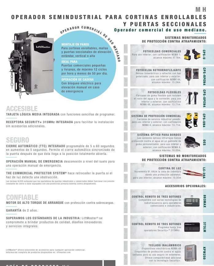 Folleto: operador semiindustrial para cortinas enrollables y puertas seccionales, con componentes.