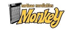 Logotipo para persianas enrollables &ldquo;Monkey&rdquo; con ilustraci&oacute;n de una persiana y texto en espa&ntilde;ol.