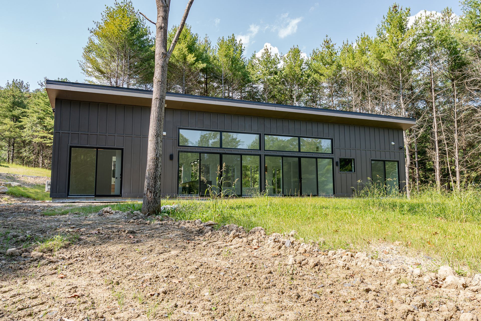 A large house with a lot of windows is surrounded by trees.