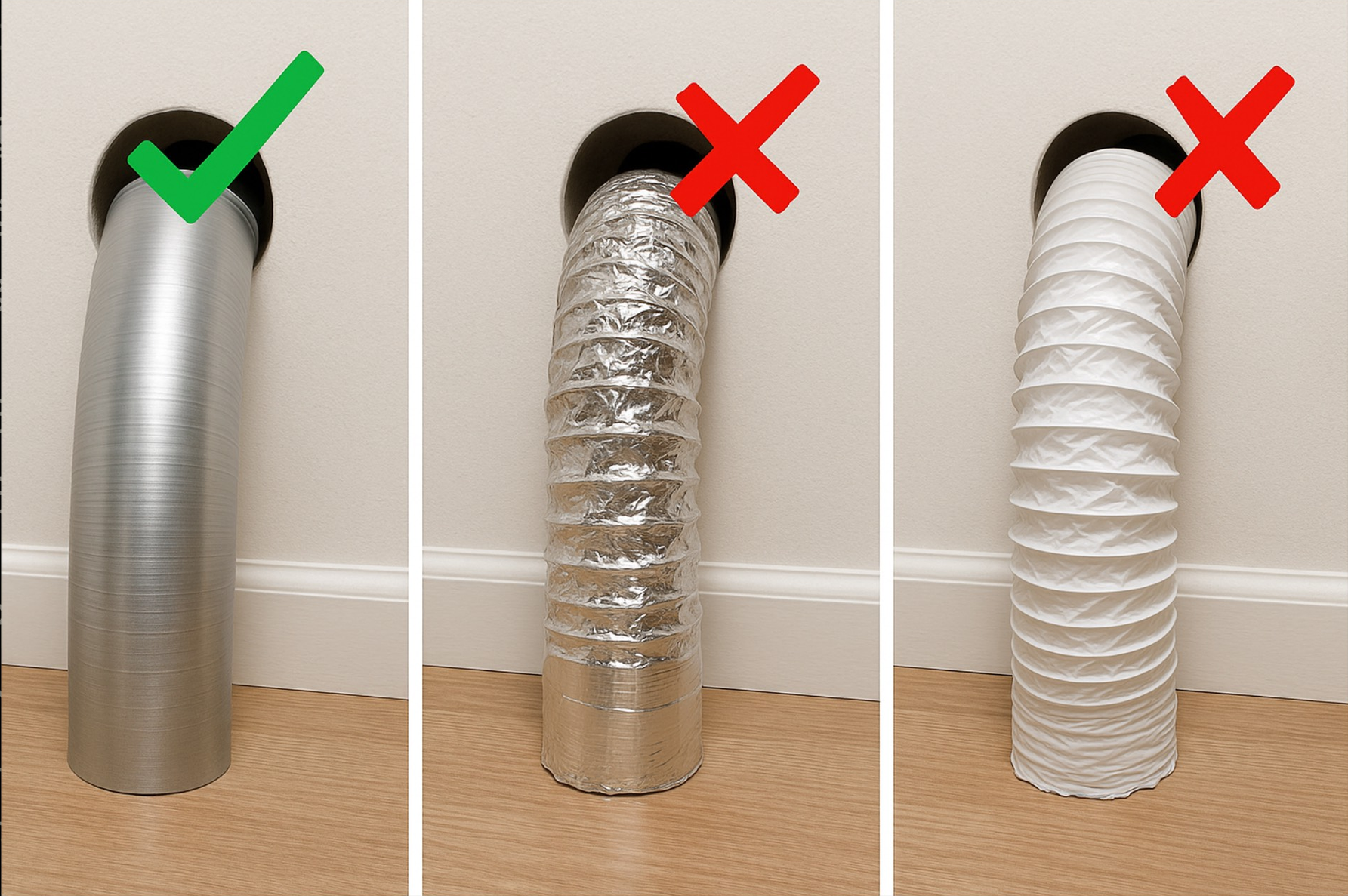 Three different types of ducts are shown with a green check mark and a red cross