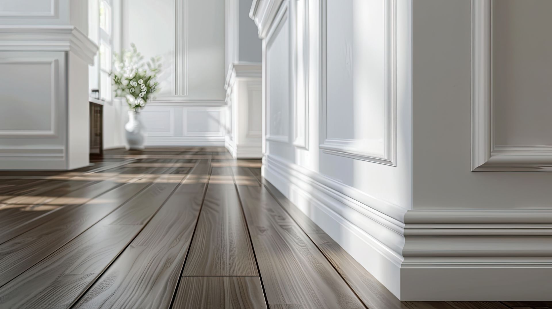 There is a vase of flowers on the floor in the hallway.