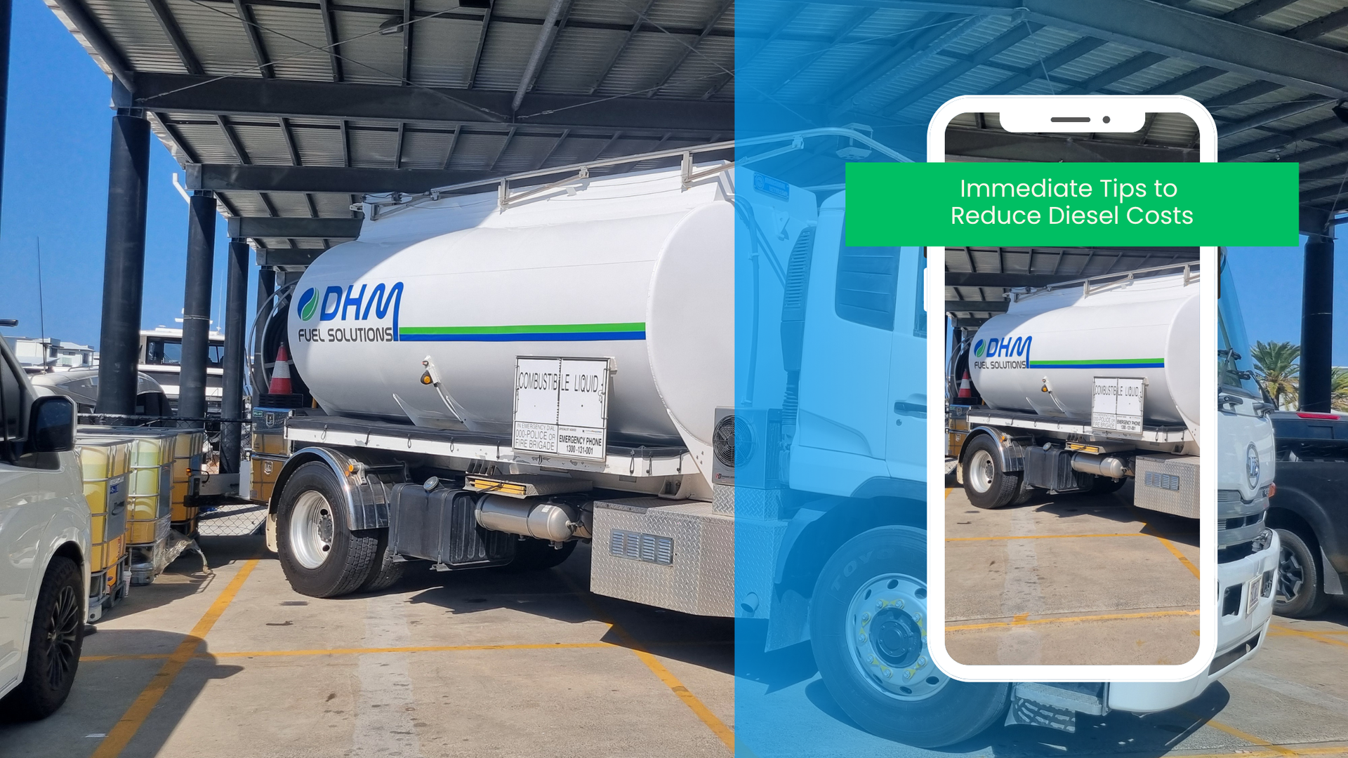 A white fuel tanker truck parked at a facility, with a smartphone overlay highlighting how to reduce diesel costs.