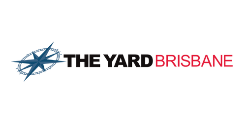 Logo for The Yard Brisbane, with a blue compass rose and text in black and red.