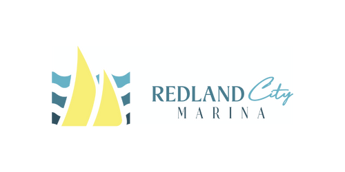 Logo for Redland City Marina: Yellow sail and blue waves, with text