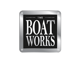 Logo for The Boat Works: silver frame around a black square with white text.