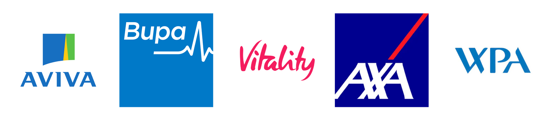 Logos of insurance companies Aviva, Bupa, Vitality, AXA, and WPA.