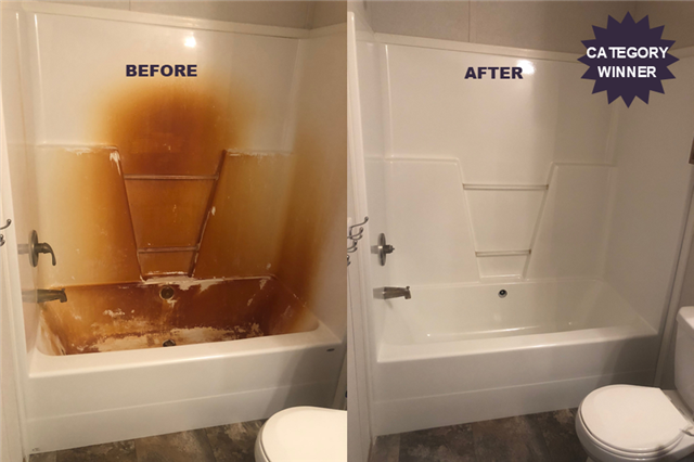 Before/after of a stained bathtub cleaned to a bright white. Bathroom setting.
