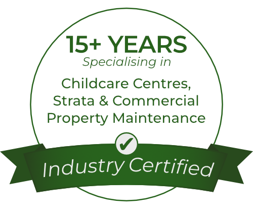 Green badge: 15+ years specialising in childcare, strata, and commercial property maintenance. Industry certified. — Rohan's Maintenance in Robina, QLD