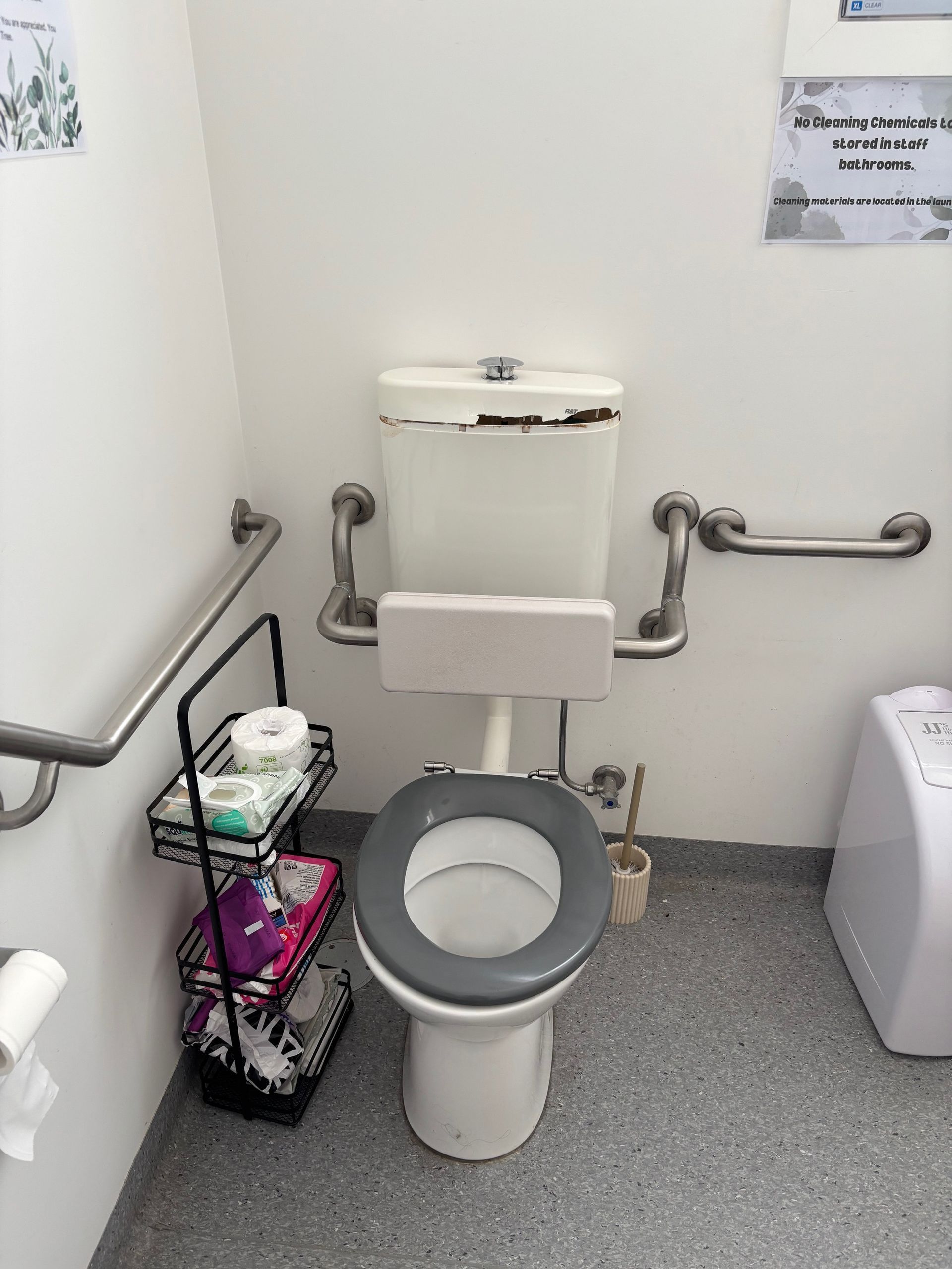 A wheelchair-accessible toilet with grab bars, toilet paper holder, and a hand dryer. Gray and white — Rohan's Maintenance in Robina, QLD