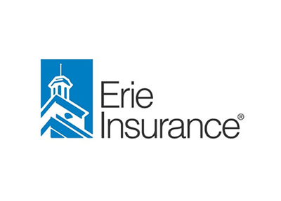 Erie Insurance logo with a blue square containing a white building illustration and the company name.
