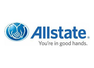 The allstate logo is blue and white and says `` you 're in good hands ''.