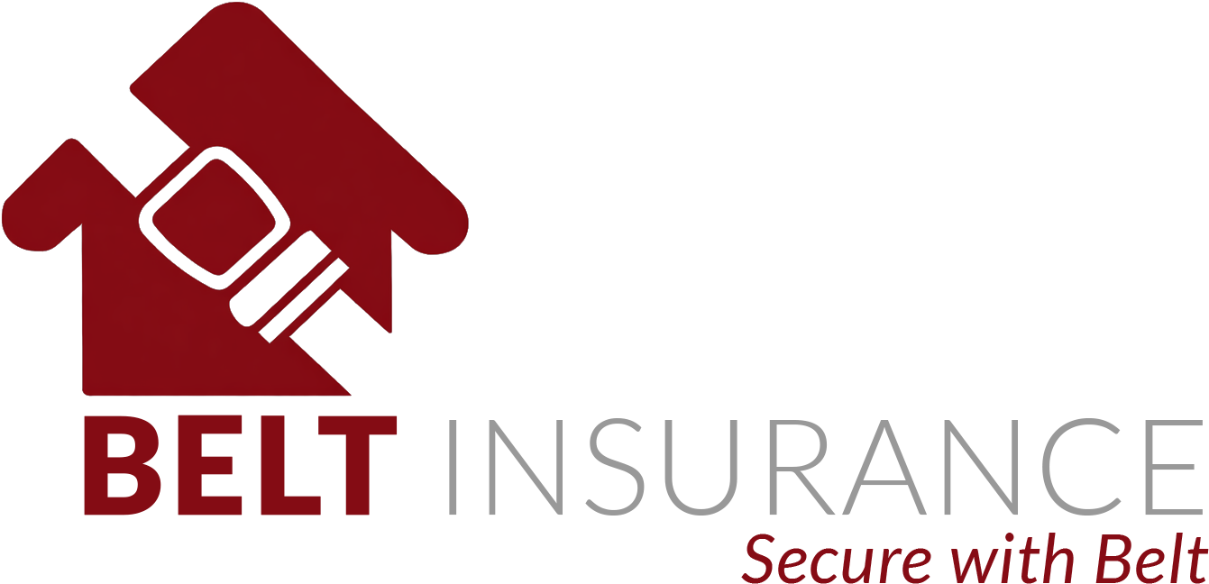 Red logo with a seatbelt buckle in the shape of a house, "BELT INSURANCE" text.