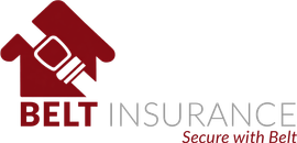 Red logo with a seatbelt buckle in the shape of a house, "BELT INSURANCE" text.