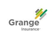 Grange Insurance logo: Grey text, with a colorful square-like design on the right.