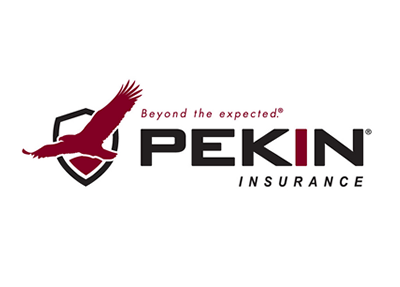 Logo of Pekin Insurance, featuring a burgundy eagle in flight inside a shield, with the company name and tagline.
