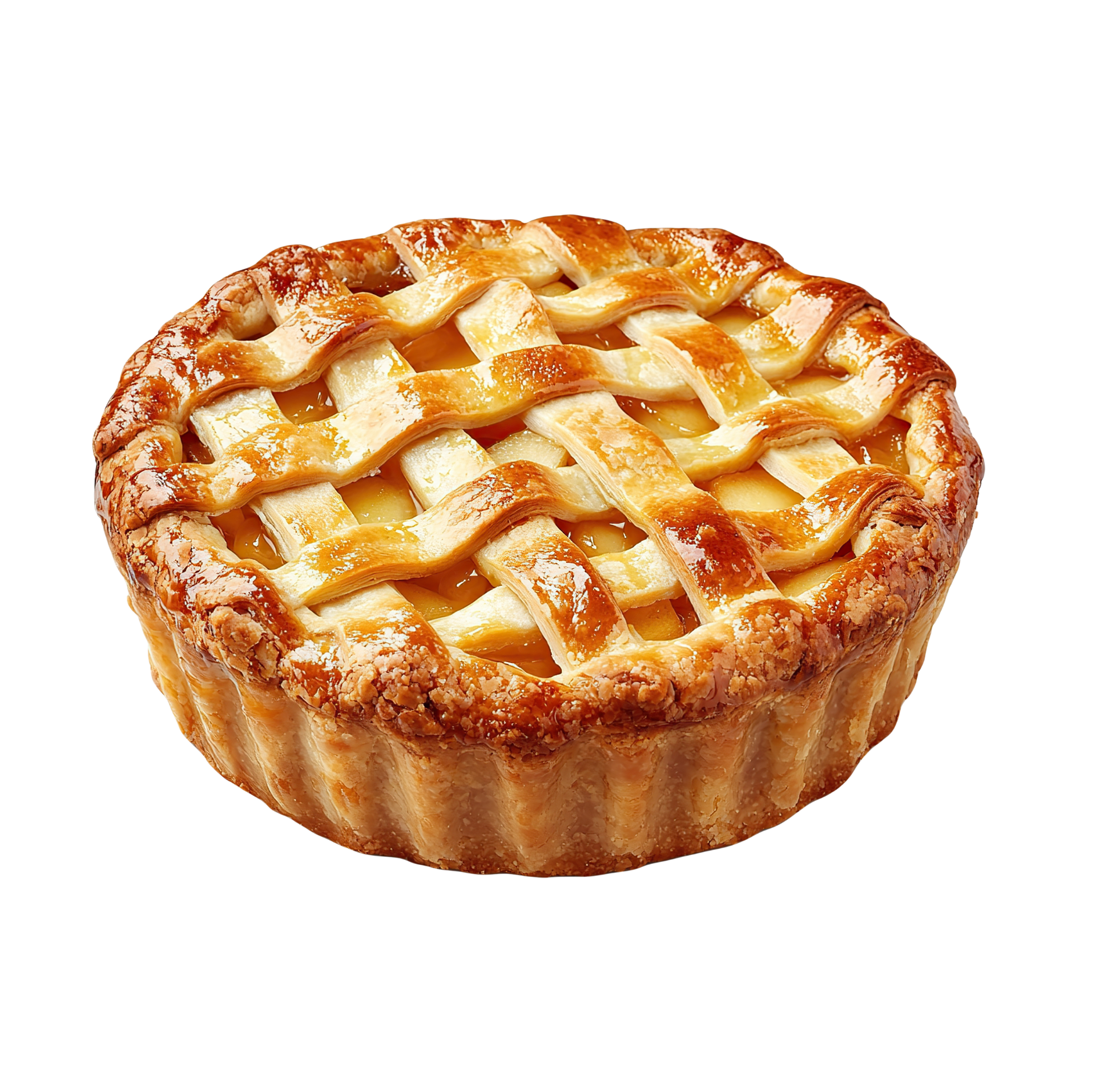 Golden lattice-top apple pie with a flaky crust on a white background