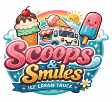 Colorful “Scoops & Smiles” ice cream truck logo with cones, popsicle, and a smiling sun
