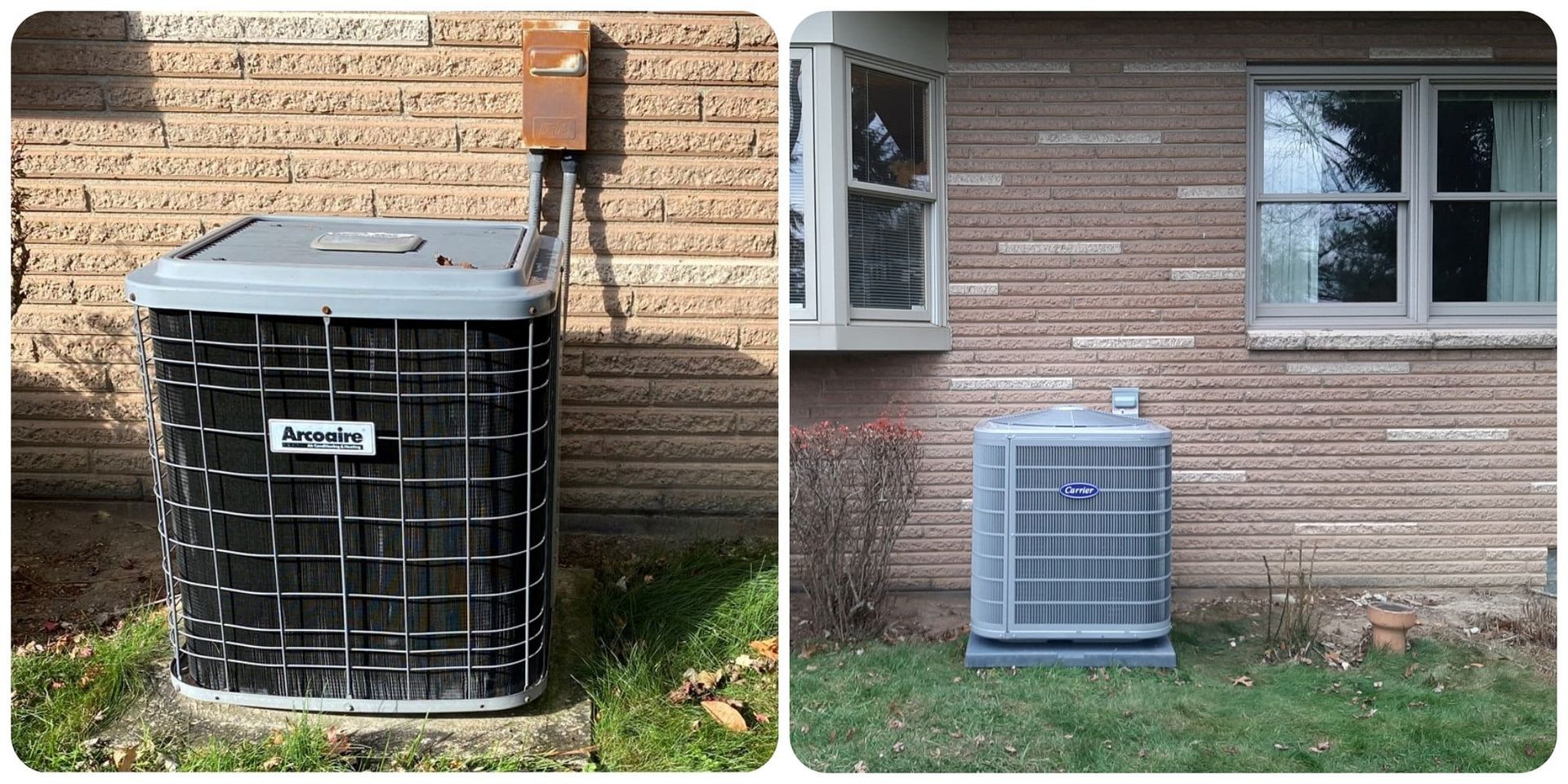 Two pictures of an air conditioner on the side of a house