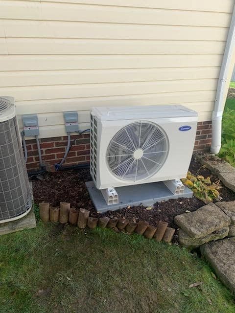 A white air conditioner is sitting on the side of a house.