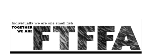 A white dog is sitting in front of a blue and white striped background.