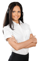 A woman wearing a headset is standing with her arms crossed.
