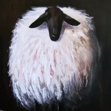 Black-faced sheep with fluffy white wool. Set against a dark background. Acrylic painting by Dan Villiers