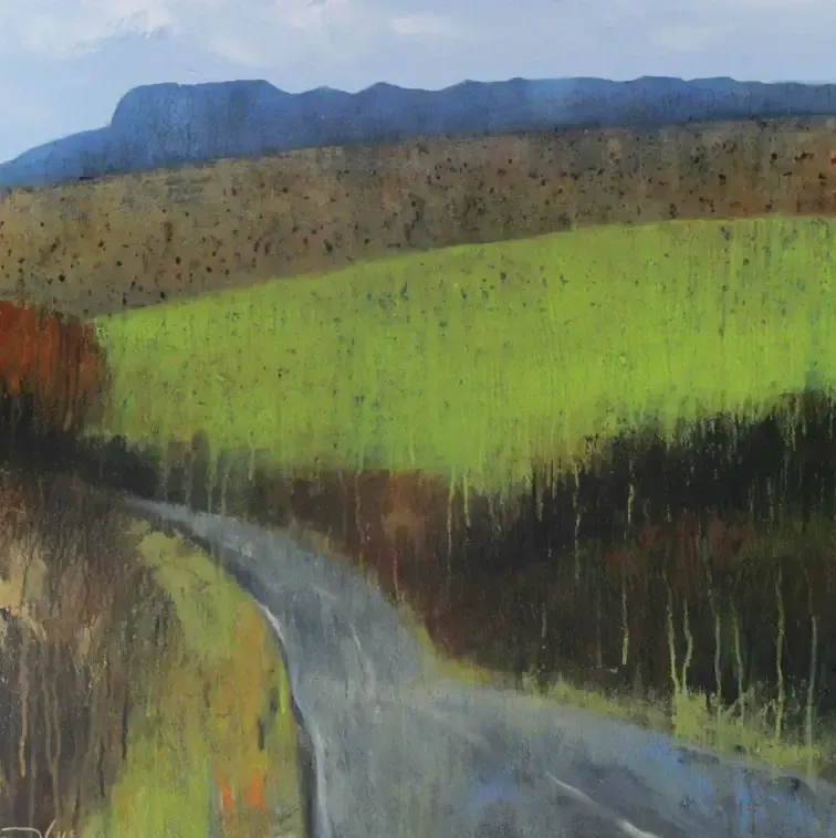 Painting of a winding road through green fields and trees by Dan Villiers
