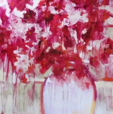 Pink flowers in a white vase, abstract painting by Dan Villiers