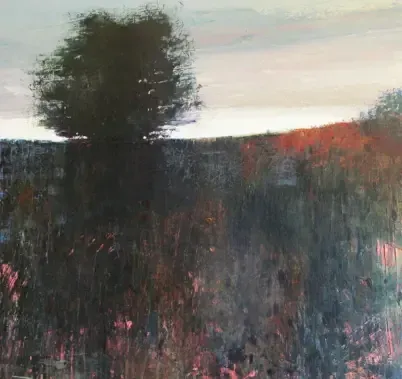 Field landscape acrylic painting by Dan Villiers with tree silhouette and red/pink accents.