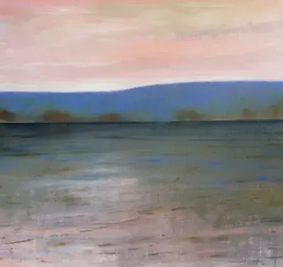 Pink sky over blue mountain and water. Acrylic painting by Dan Villiers