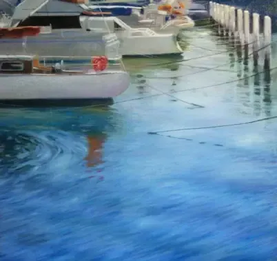 Boats docked in a marina, reflected in blue water. Painted by Dan Villiers