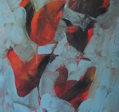 Abstract painting of red birds on a blue background by Dan Villiers