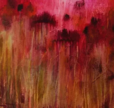 Abstract painting by Dan Villiers of red, pink, and gold vertical streaks, possibly flowers in a field.