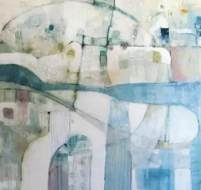 Acrylic abstract painting by Dan Villiers of a white cityscape with blue and green accents.