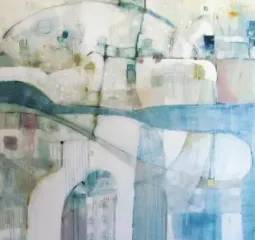 Abstract painting by Dan Villiers, pale blues and whites, arch, mountain-like shapes, watercolor feel.