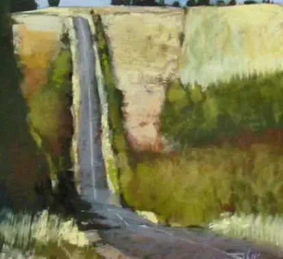 A winding road through a golden-green hillside landscape. Painting by Dan Villiers