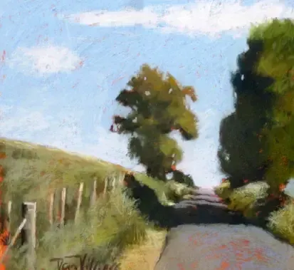 Pastel painting by Dan Villiers of a country road leading uphill, trees flank a sunny day.