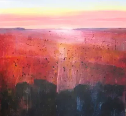 Pink and red abstract landscape painting by Dan Villiers with a dark foreground, depicting a sunset or sunrise over a plain.