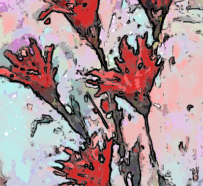 Red floral shapes with dark outlines against a colorful, abstract background.