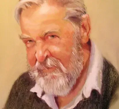 Painting by Dan Villiers of an elderly man with a white beard and stern expression in a dark sweater.