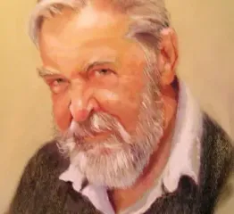 Painting by Dan Villiers of an elderly man with white hair and beard, intense gaze, wearing a sweater, painted portrait.