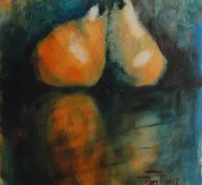 Painting by Dan Villiers of two golden pears reflected in a dark, blurry surface.