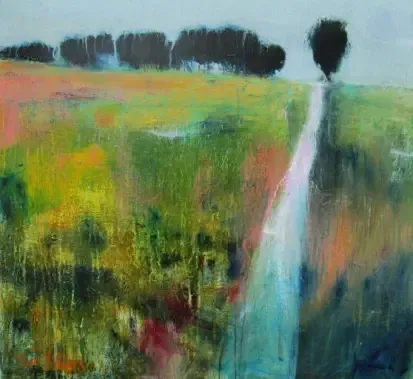 Acrylic painting by Dan Villiers of a grassy field with a path leading towards trees.