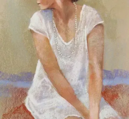 Woman in white dress and pearl necklace, seated, looking away. Warm tones, soft light. Pastel Painting by Dan Viliers