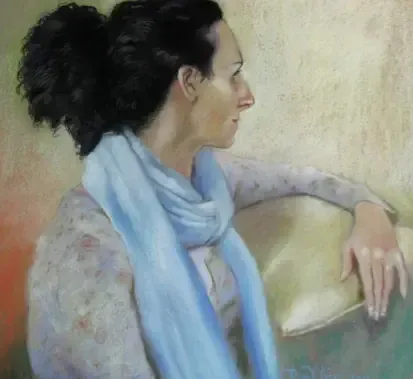 Pastel painting  by Dan Villiers of a woman with dark curly hair.