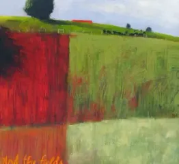 Painting by Dan Villiers of red and green fields, rolling hills, small tree, red building, blue sky.